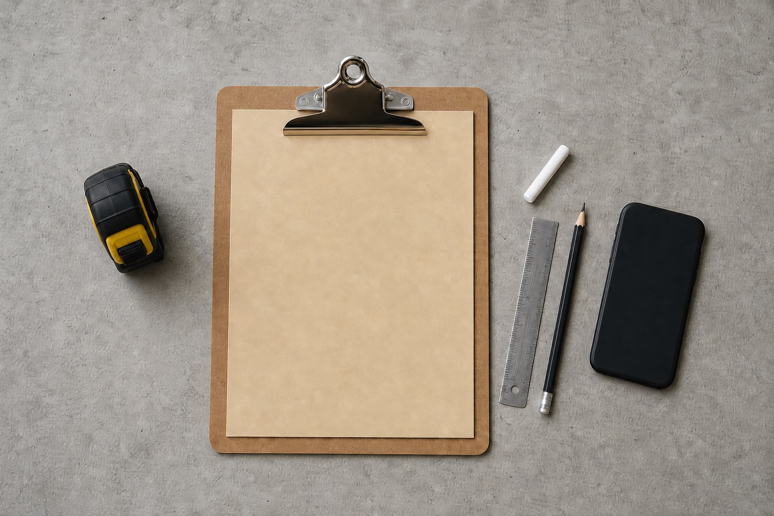 Illustrative top-down view of a blank clipboard, tape measure, ruler, pencil, chalk, and phone